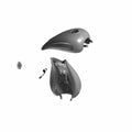 Matte black motorcycle fuel tank with smooth curves and mounting hardware.