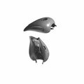 Glossy black motorcycle fuel tank with smooth curved design and mounting points visible.