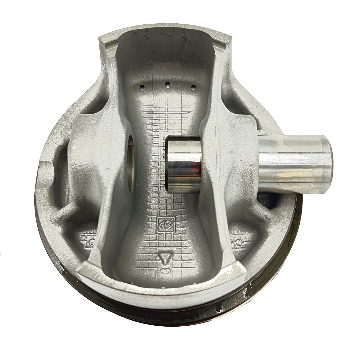 Silver metal piston kit component with a cylindrical pin and textured inner surface for Polaris UTV engine replacement.