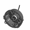 Black circular stator cover with integrated silver water pump gear and mounting holes.