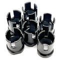 Set of six black cylindrical metal rock slider hardware pieces with split openings and mounting bases.