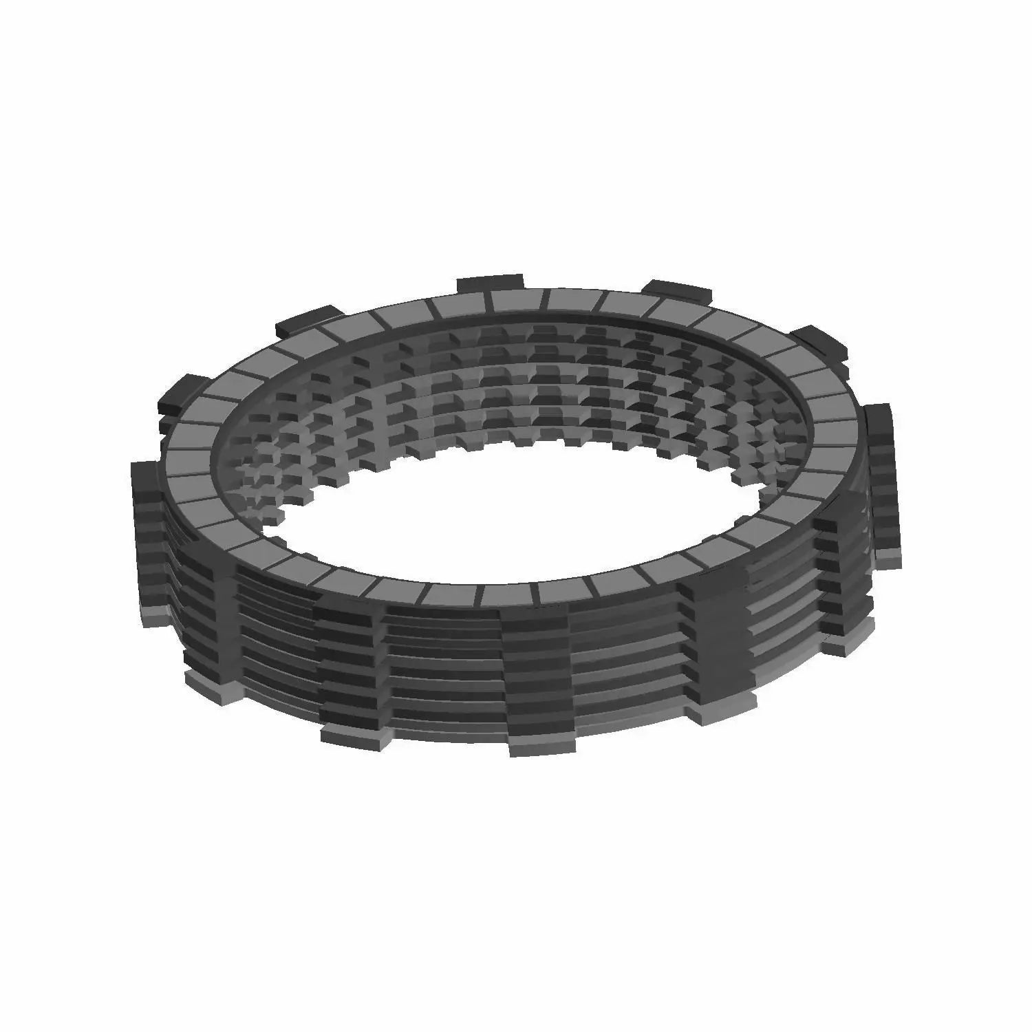 A 3D-rendered image of a circular, segmented dark gray component with rectangular notches, resembling a gear or clutch plate from the Clutch Pack by Polaris for OEM Indian motorcycle and Polaris parts.