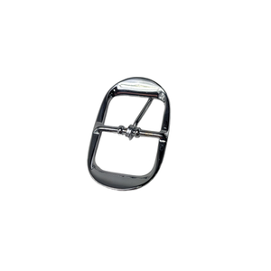 Chrome-plated metal saddlebag buckle with rectangular frame and central prong.