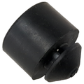 Black cylindrical rubber motorcycle bumper replacement with a tapered end and central groove.