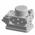 Compact silver ABS module with cylindrical top and multiple perforations, designed for front motorcycle tire control.