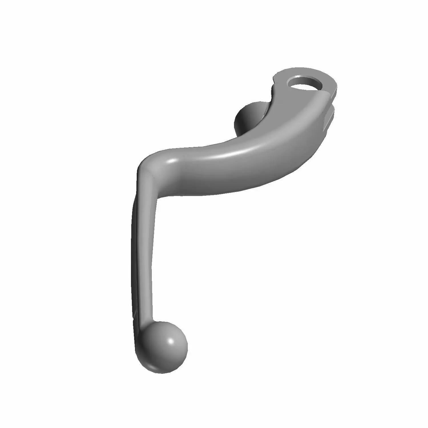 A 3D-rendered image of the Adjustable Brake Lever w/ Hardware, Polished [Inc. #6] by Polaris, featuring a curved metallic lever with a rounded end and mounting hole, set against a plain white background.