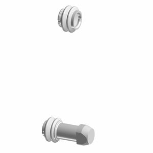 Silver metal caliper bolt and matching cap with smooth, rounded edges and hexagonal head design.