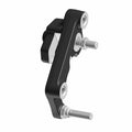 Black metal front caliper bracket with silver mounting bolts and integrated clip.