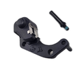 Kit, Bracket., Rear Caliper [Incl. Clips] by Polaris—black metal disc brake adapter with silver mounting clip and separate screw, shown on a white background; fits as an OEM Victory Polaris rear caliper kit or other Victory motorcycle part needs.
