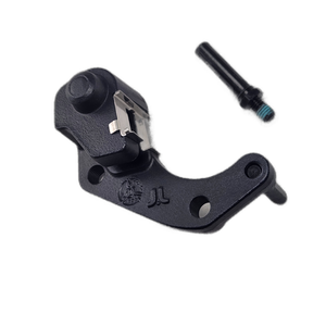 Kit, Bracket., Rear Caliper [Incl. Clips] by Polaris—black metal disc brake adapter with silver mounting clip and separate screw, shown on a white background; fits as an OEM Victory Polaris rear caliper kit or other Victory motorcycle part needs.
