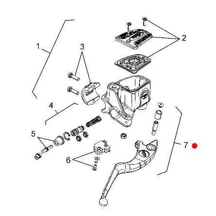 Exploded diagram of Indian motorcycle engine assembly with labeled parts, including Non Adjustable Brake Lever w/ Hardware, Polished [Incl. #7] by Polaris, housing, OEM Indian Polaris parts, bolts, gaskets; part #7 marked with a red dot.