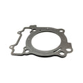 Gray metal head gasket with circular and irregular shaped cutouts, flat design.