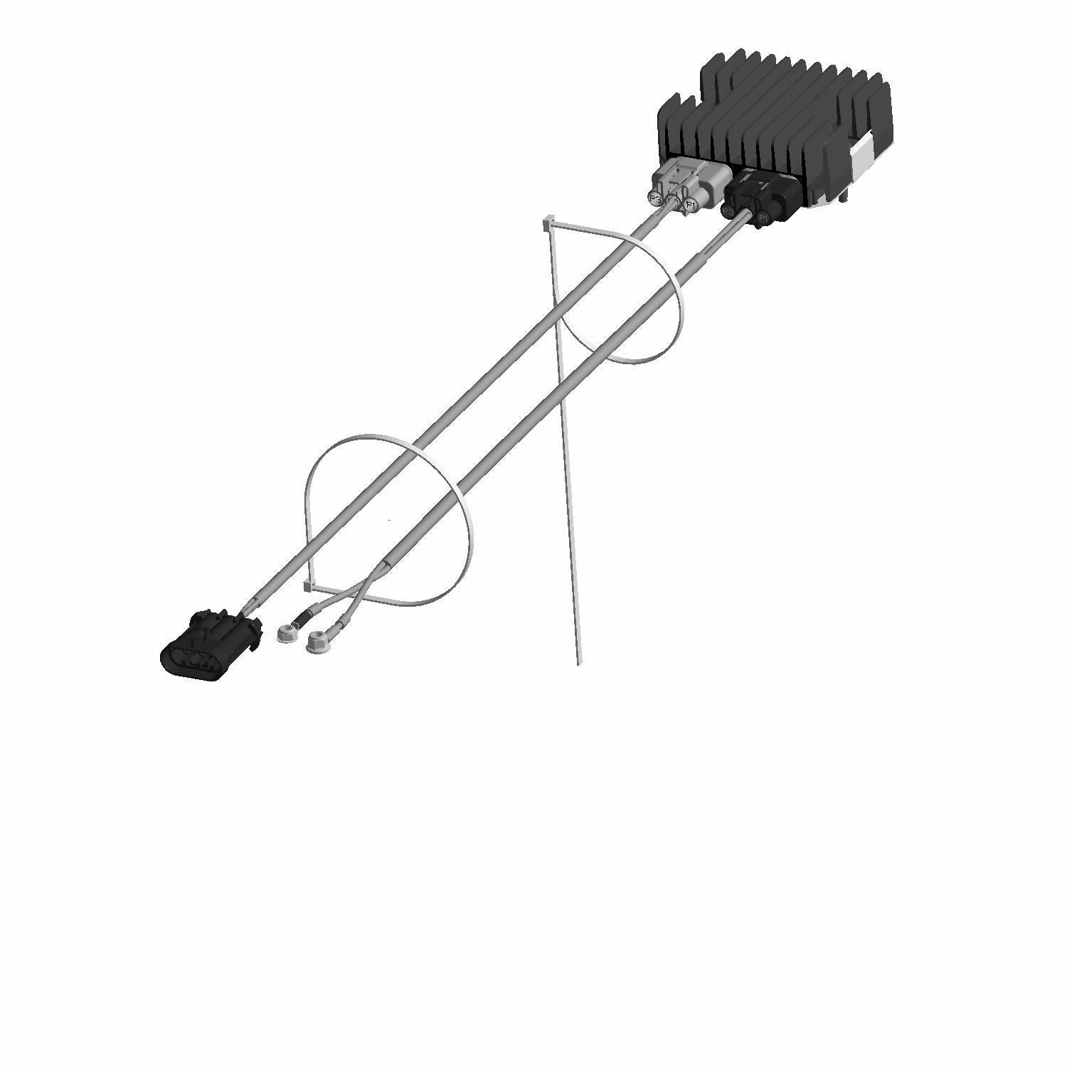 Black rectangular Polaris regulator adaptor with metal mounting bracket and attached wiring harness.