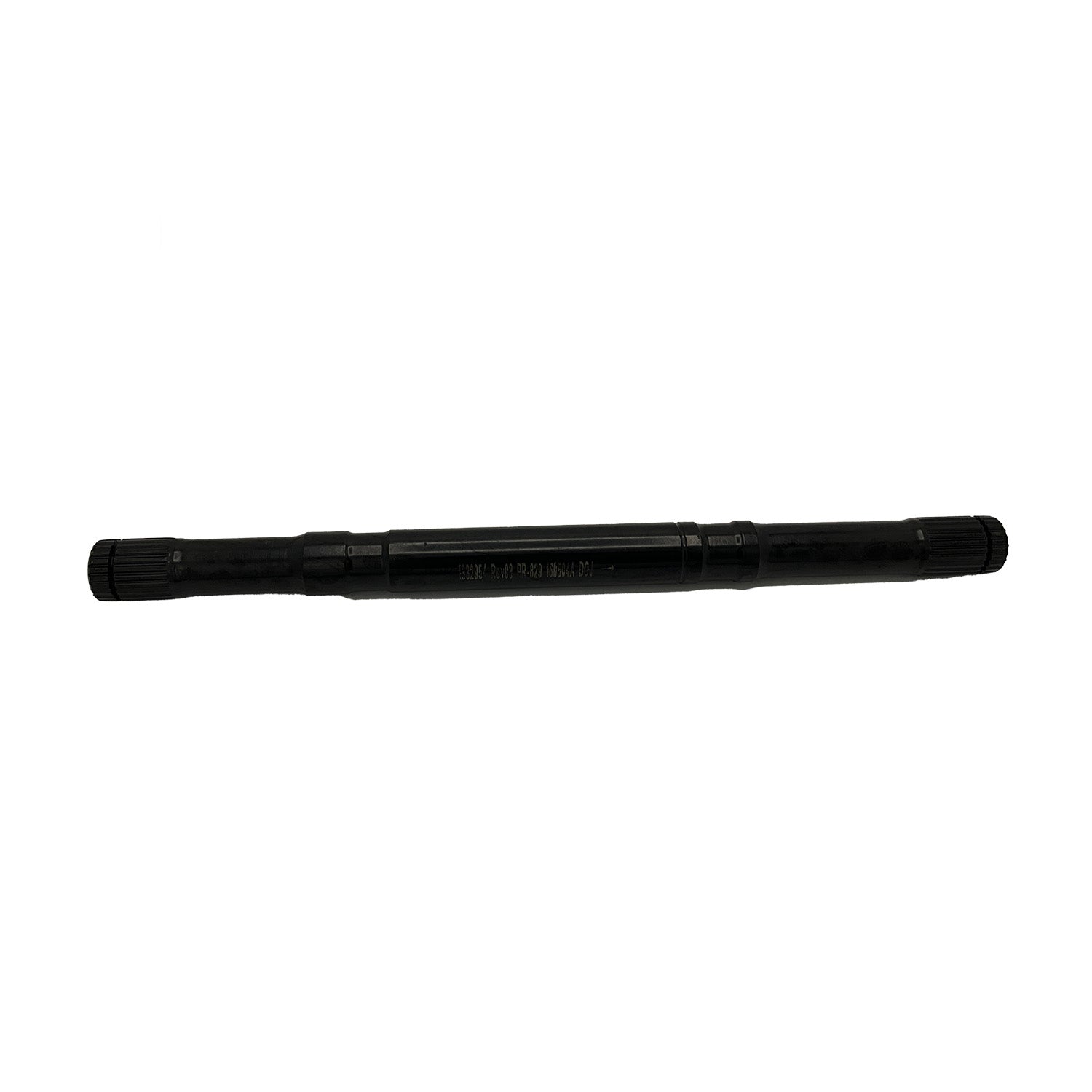 Black metal axle shaft bar with cylindrical shape and splined ends for off-road vehicle use.