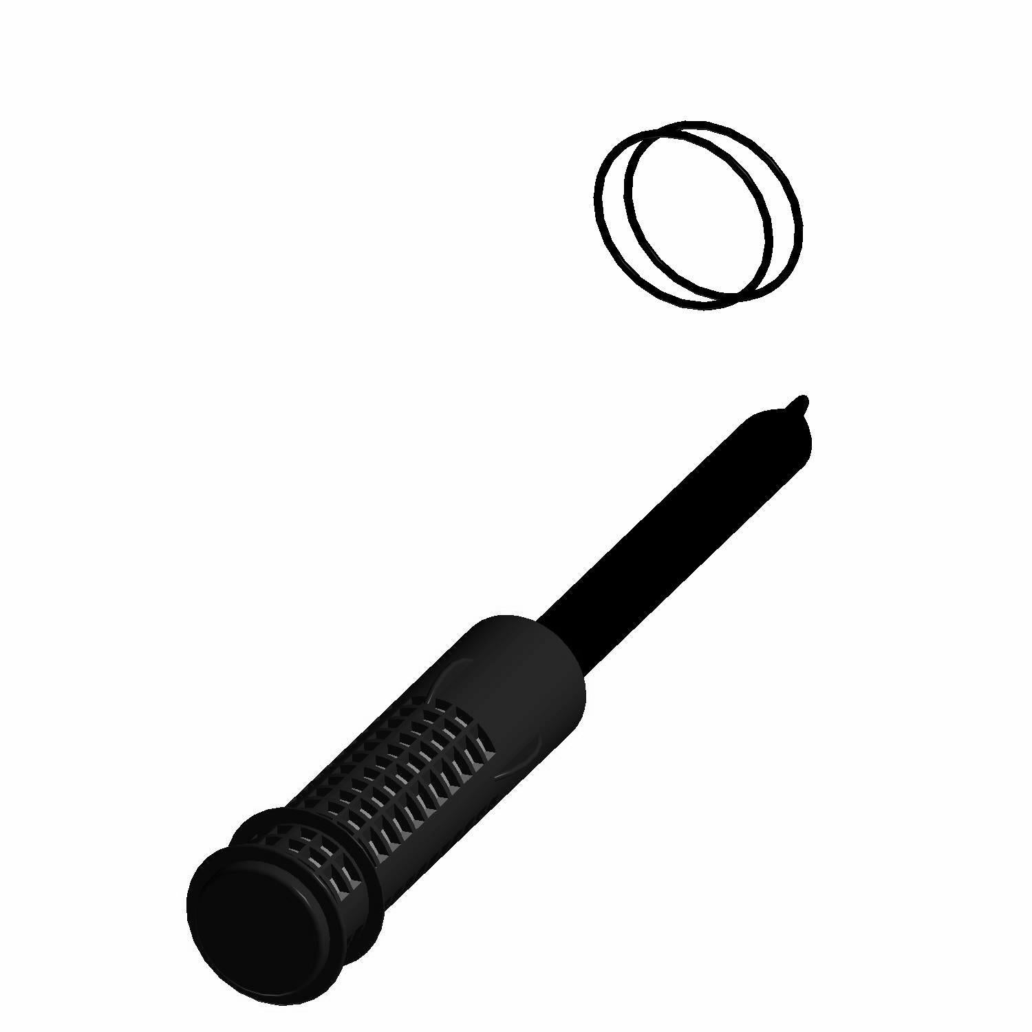 Black cylindrical drier service component with textured grip and two circular O-rings.