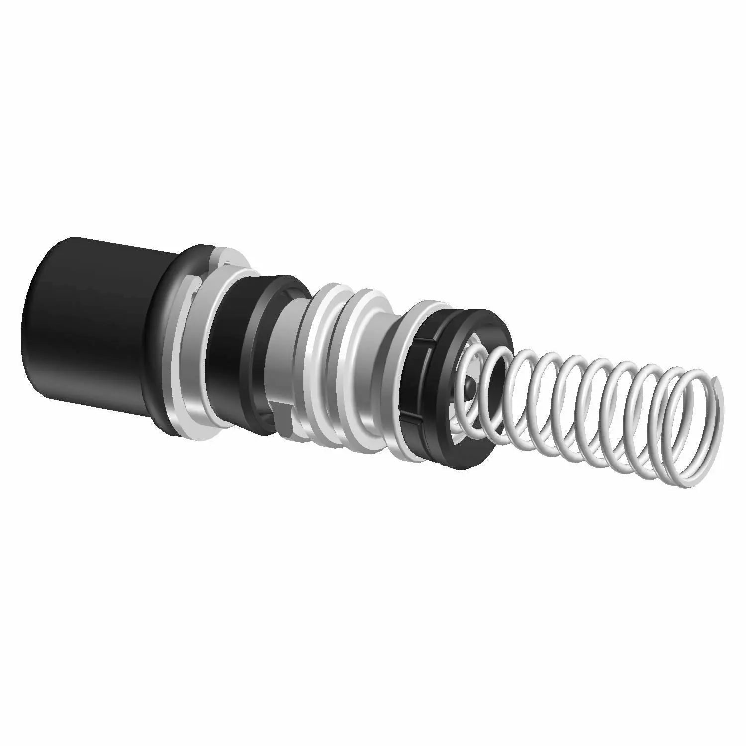 A 3D rendering of a mechanical spring assembly with black, silver, and gray components in an exploded view—perfect for illustrating OEM K-Piston Seals Hmc by Polaris.