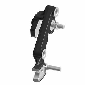 Black metal front brake caliper bracket with mounting bolts for Indian Scout motorcycles.