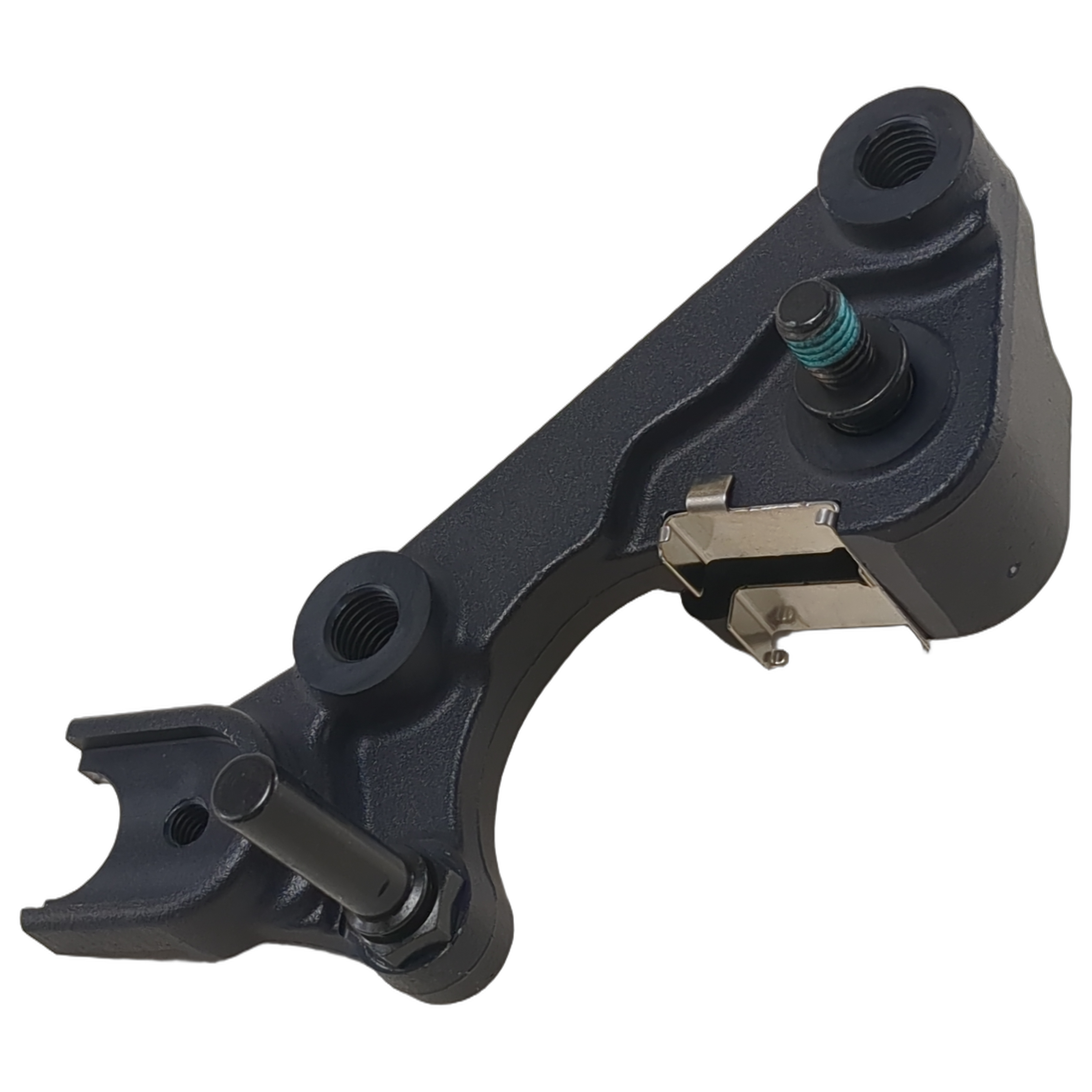 Matte black front brake caliper bracket with mounting points and integrated metal clip.