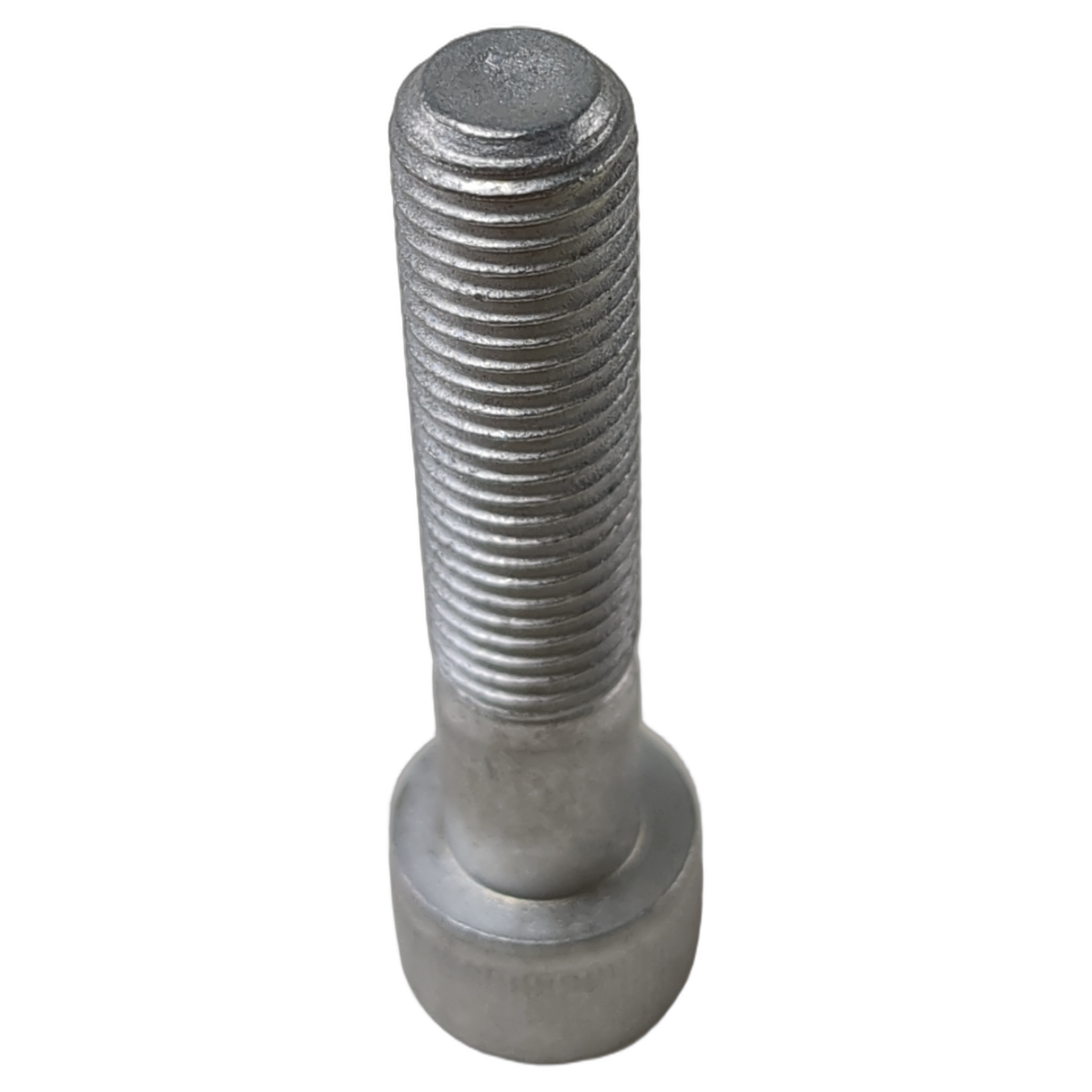 Silver metal hex socket head bolt with threaded shaft and cylindrical body.
