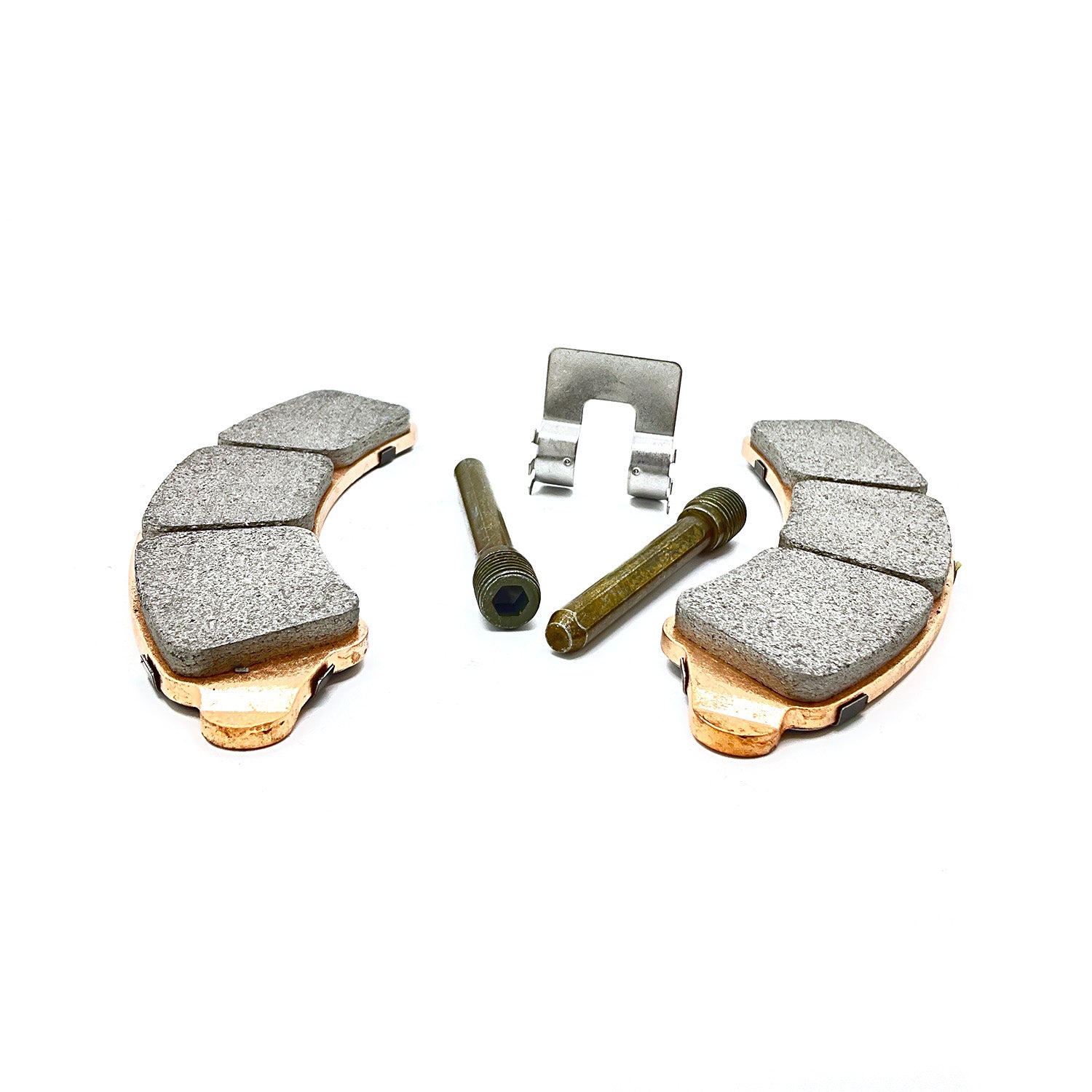 Pair of semi-metallic curved brake pads with copper backing and two metal pins with a small silver clip.