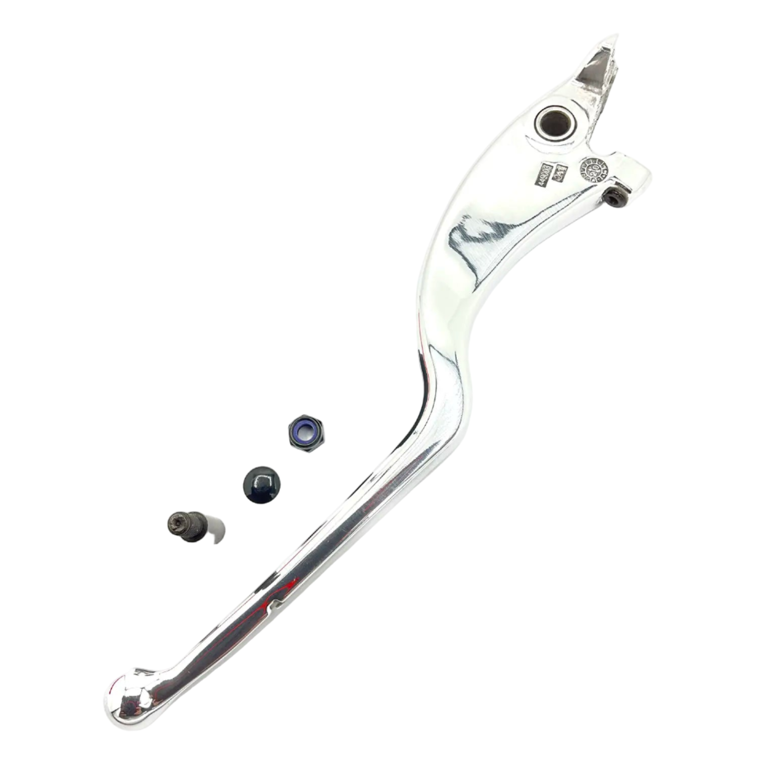 A polished Non Adjustable Brake Lever w/ Hardware [Incl. #7] by Polaris is displayed with a bolt, screw, and nut, all on a white background.