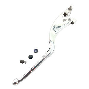 A polished Non Adjustable Brake Lever w/ Hardware [Incl. #7] by Polaris is displayed with a bolt, screw, and nut, all on a white background.