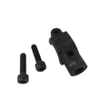 Black metal K-clamp with two holes and two matching black hex-head bolts.