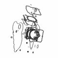 Exploded view of black and gray engine gaskets and seals from the Engine Gasket Service Kit by Polaris, arranged vertically and floating against a plain white background.