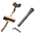Copper-colored brake caliper spring, silver metal pin, and small wire clip on white background.