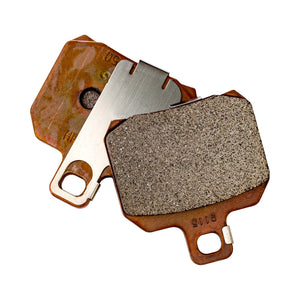 Pair of rectangular rear brake pads with copper-colored metal backing and textured friction surface.
