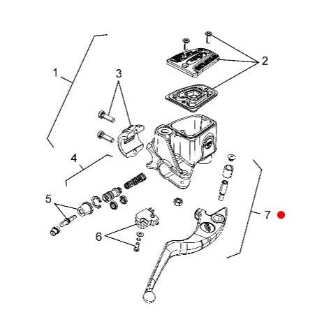 Exploded diagram of a mechanical assembly featuring the Non Adjustable Brake Lever w/ Hardware, Black [Incl. 7] by Polaris, along with OEM Indian Polaris parts—numbered lever, screws, housing, gasket, and other small pieces shown for clarity.
