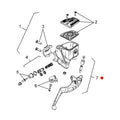 Exploded diagram of a mechanical assembly featuring the Non Adjustable Brake Lever w/ Hardware, Black [Incl. 7] by Polaris, along with OEM Indian Polaris parts—numbered lever, screws, housing, gasket, and other small pieces shown for clarity.