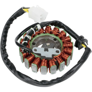 Circular motorcycle stator with copper wire coils wrapped around metal core, attached black wiring harness with white.