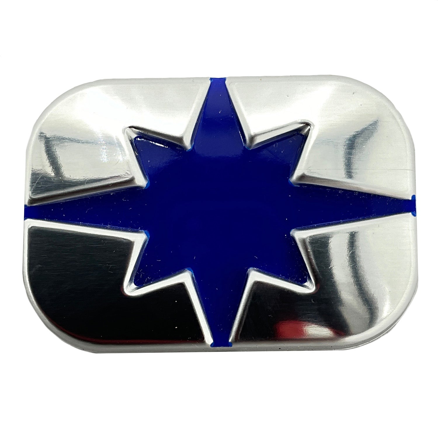 Rectangular silver metal badge with a raised eight-pointed blue star in the center.