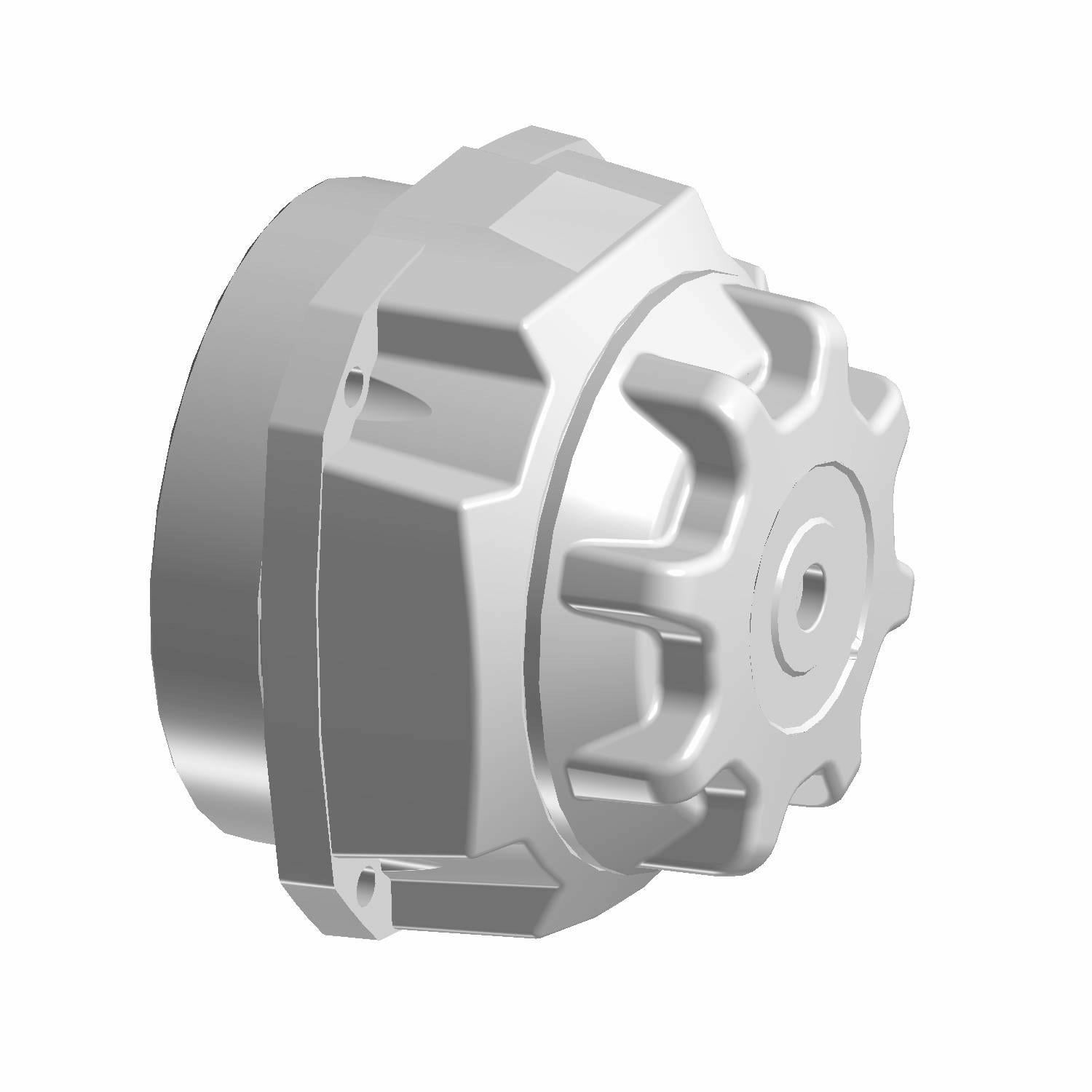 Silver metallic Polaris winch gearbox with gear-shaped front and compact cylindrical body.
