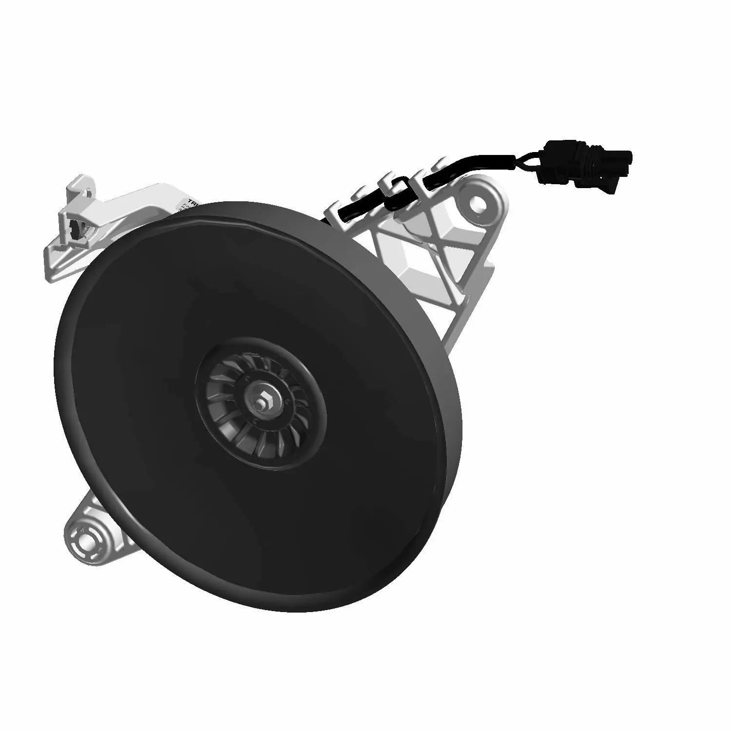 Black circular motorcycle fan with silver mounting bracket and electrical connector.