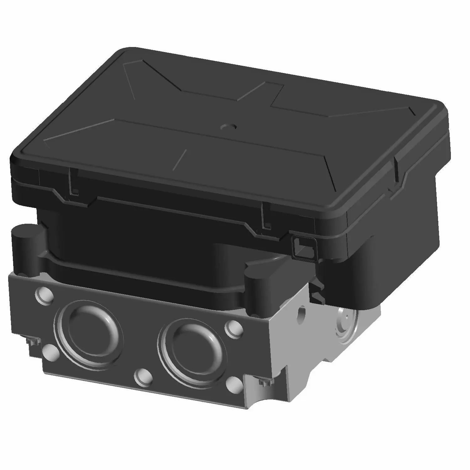 Black rectangular ABS module with metal base and circular ports for Polaris motorcycles.