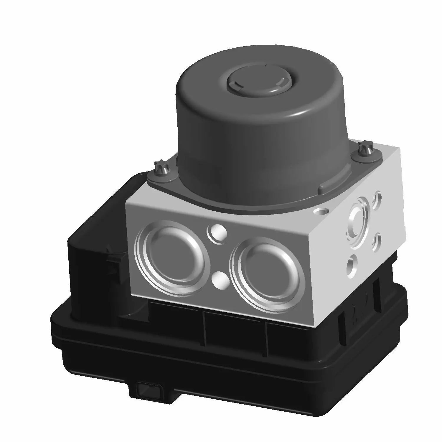 Compact ABS module with metallic silver block and black plastic base for motorcycle braking system.