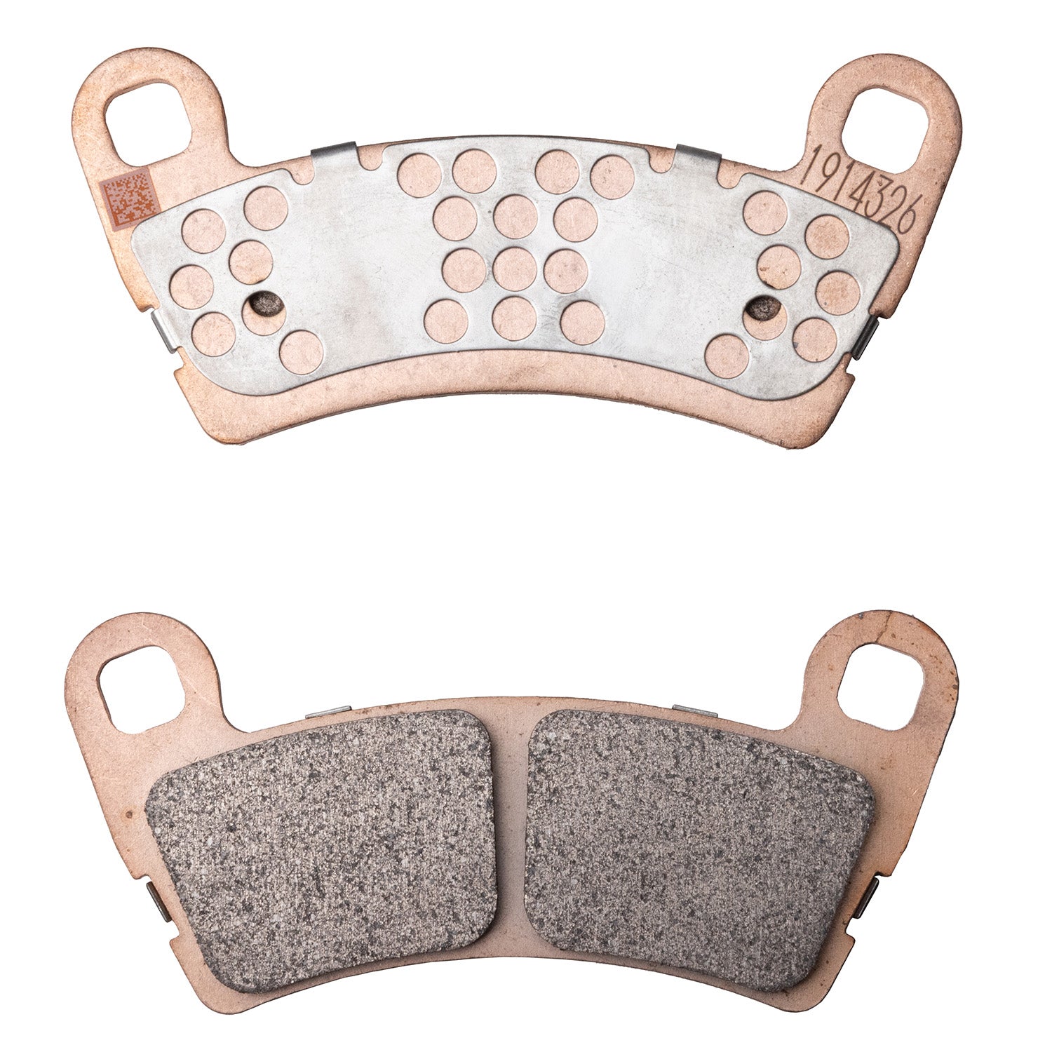 Copper-backed brake pads with two textured friction surfaces, designed for rear braking systems.