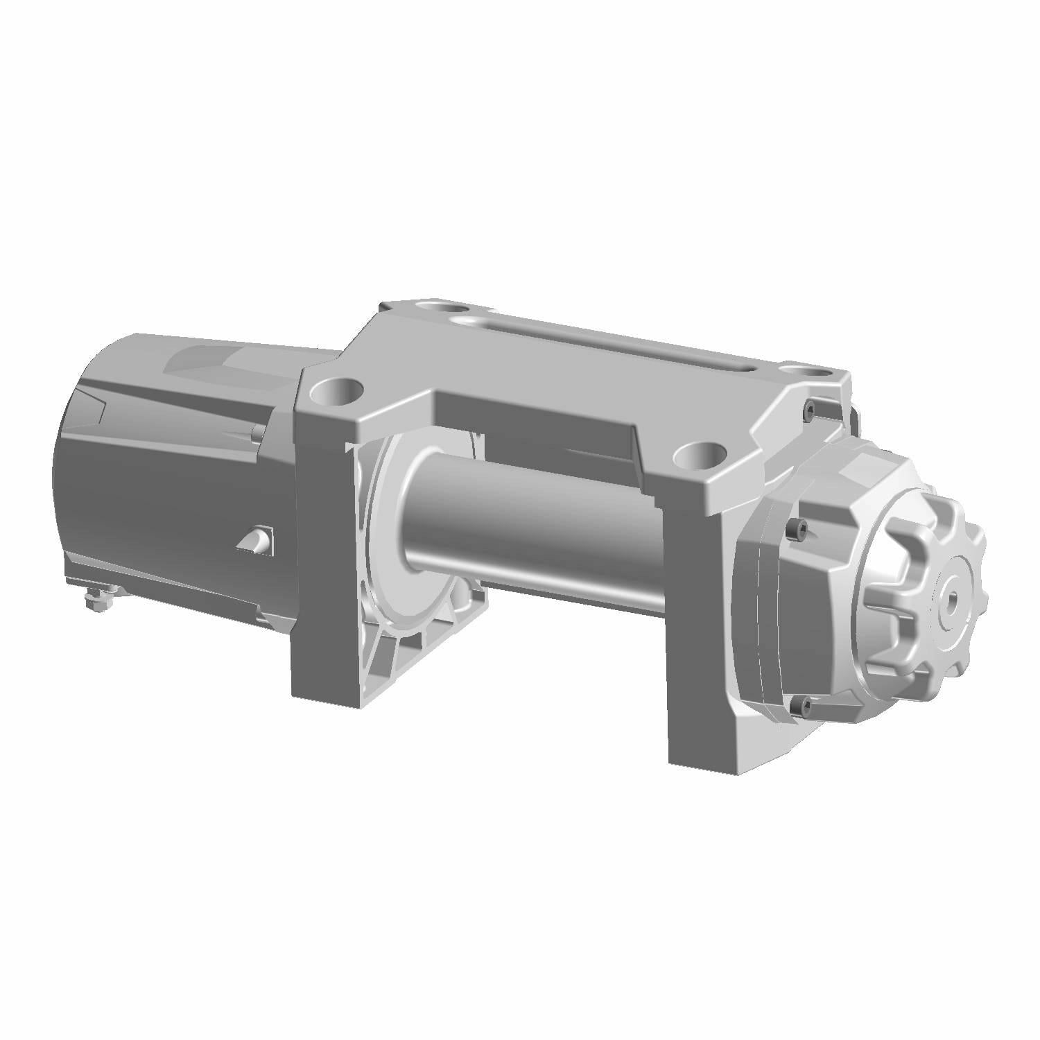 Silver metal Polaris winch with cylindrical motor housing and gear mechanism with mounting holes.