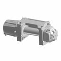 Silver metal Polaris winch with cylindrical motor housing and gear mechanism with mounting holes.
