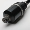 Black metal front CV shaft with splined end and protective rubber boot clamp.