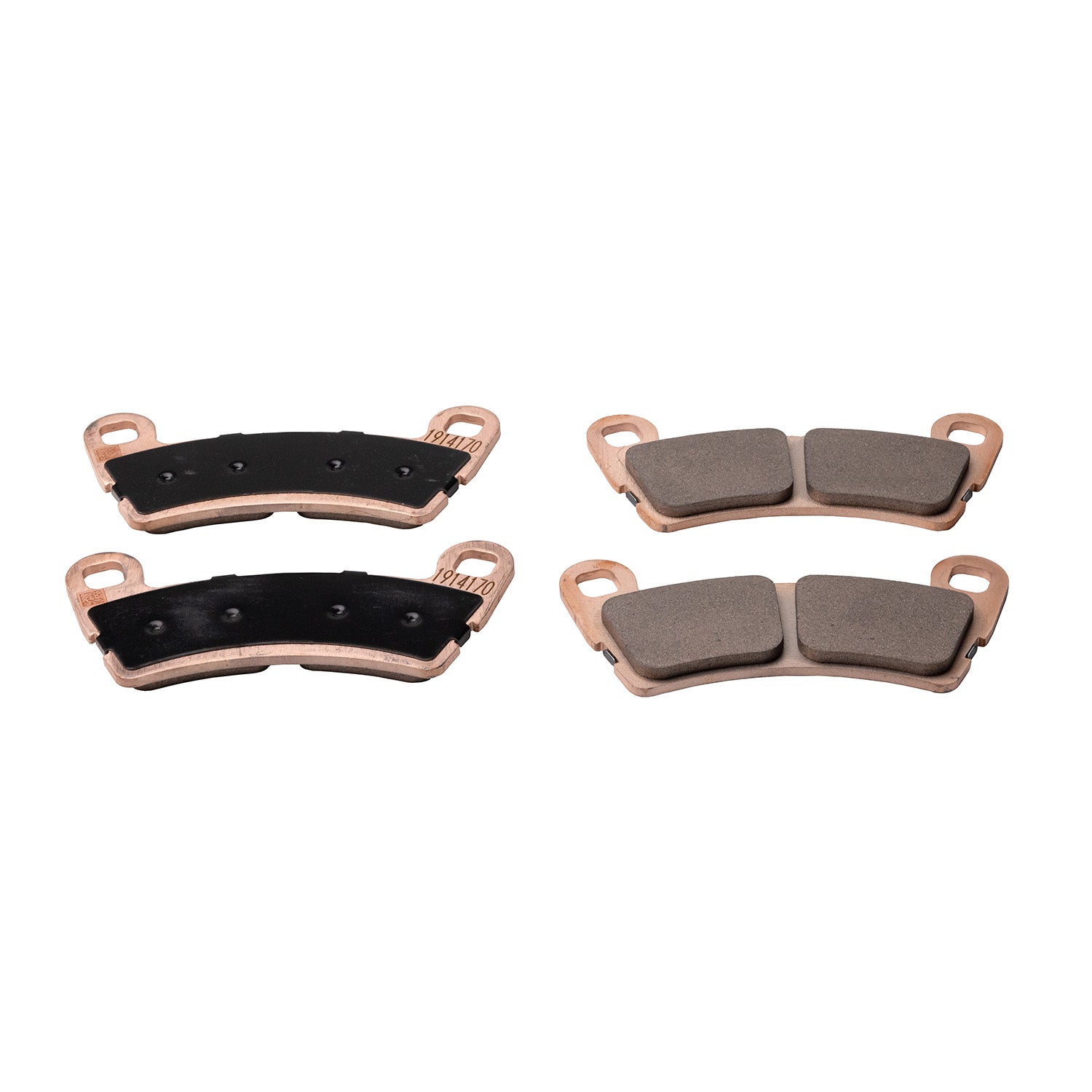 Set of four copper-framed rear brake pads with black and gray friction surfaces for Polaris UTV.