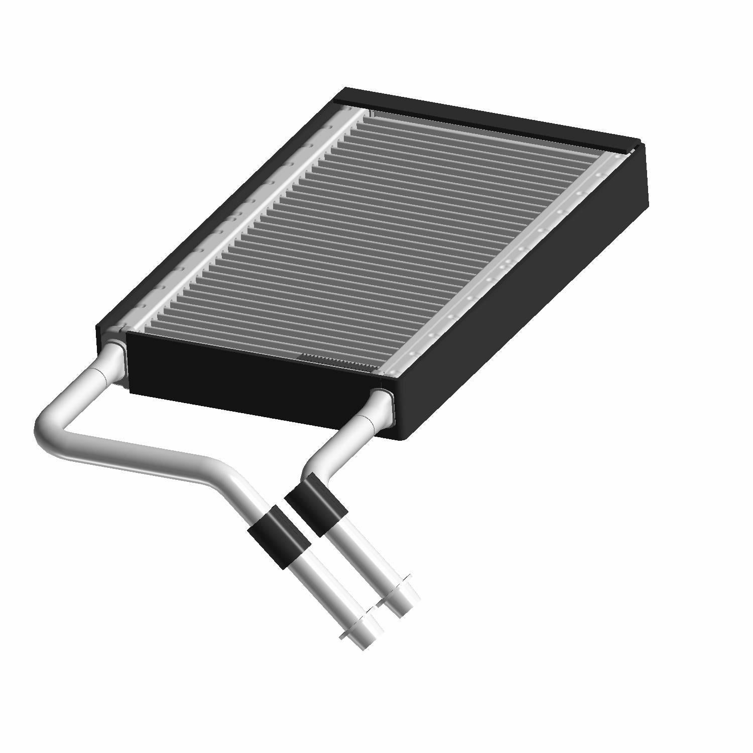 Rectangular black heater coil with parallel metal fins and two silver curved inlet tubes.