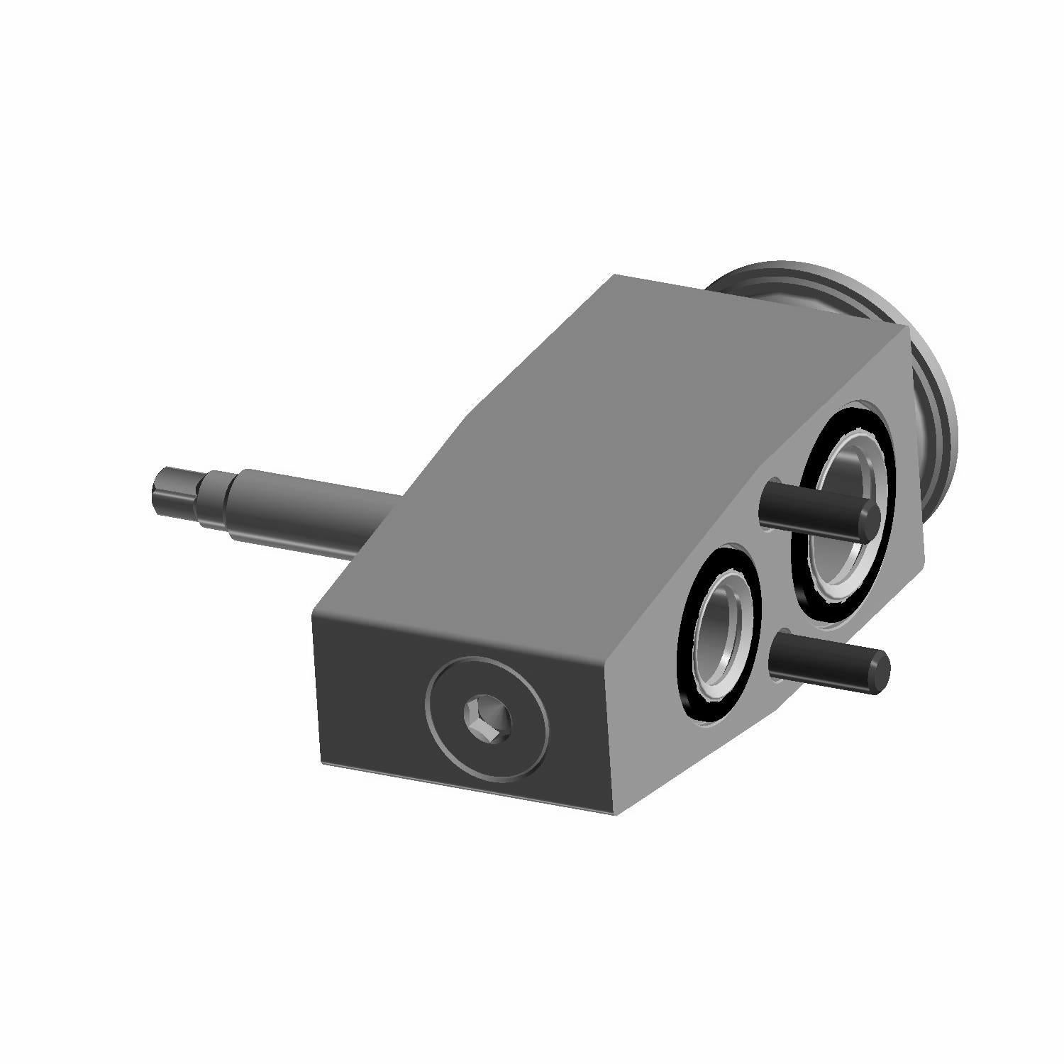 Gray rectangular mechanical block with cylindrical connectors and protruding rod on sides.