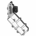 Silver and black molded heater cover with ridged surface and mounting points.