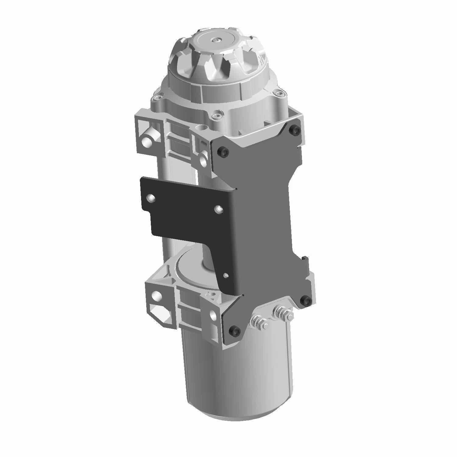 Silver cylindrical offroad Polaris winch with black mounting bracket and mechanical components.
