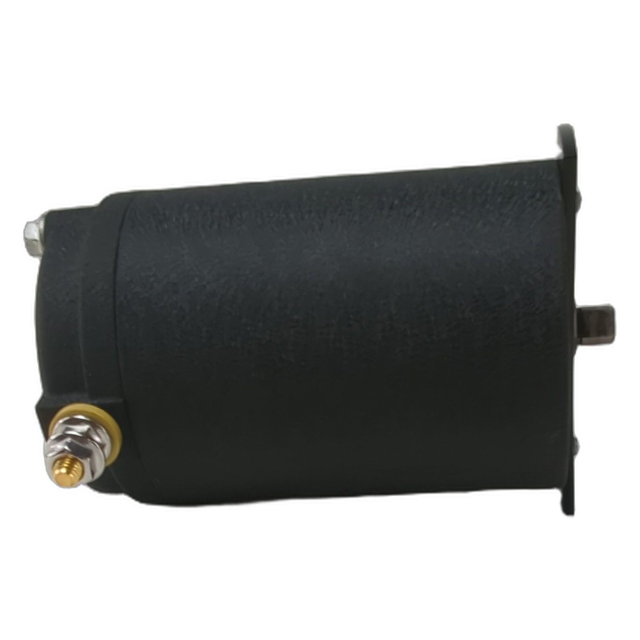 Black cylindrical winch motor with metal mounting flange and brass electrical terminal.