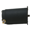Black cylindrical winch motor with metal mounting flange and brass electrical terminal.