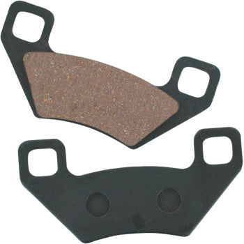 Two Arctic Cat Brake Pads by Epi for ATVs are shown on a white background: one displays its brown carbon graphite surface, and the other shows the plain black metal backing with rectangular mounting holes.